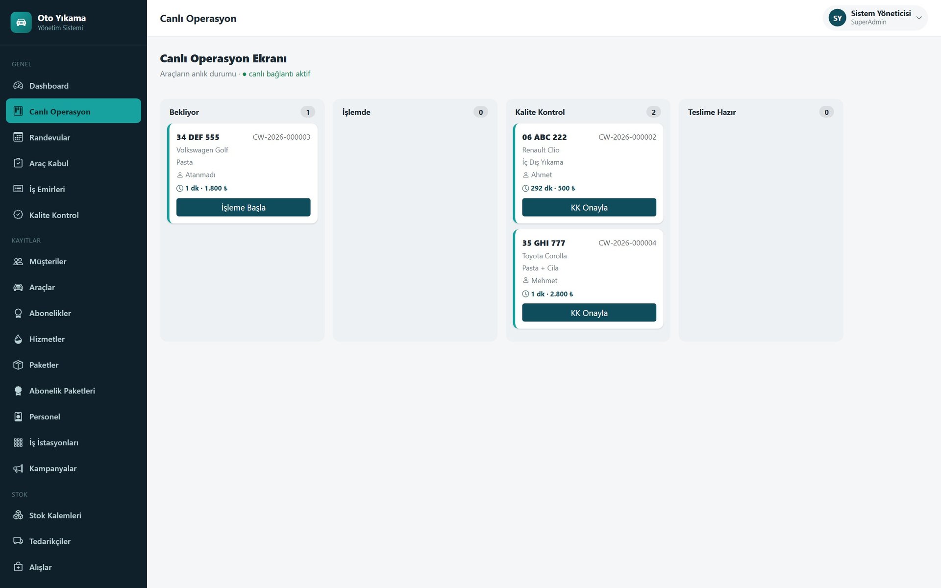 Canlı operasyon ekranı (Kanban)