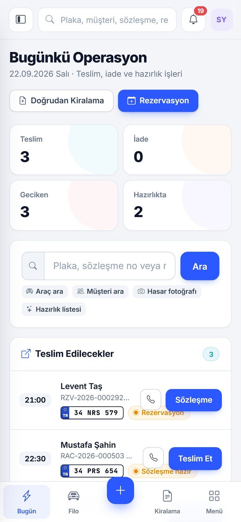 Maks Rent A Car Yönetim Programı mobil ekran