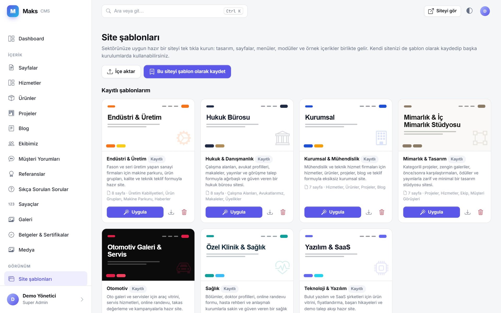 8 sektöre özel hazır site şablonu